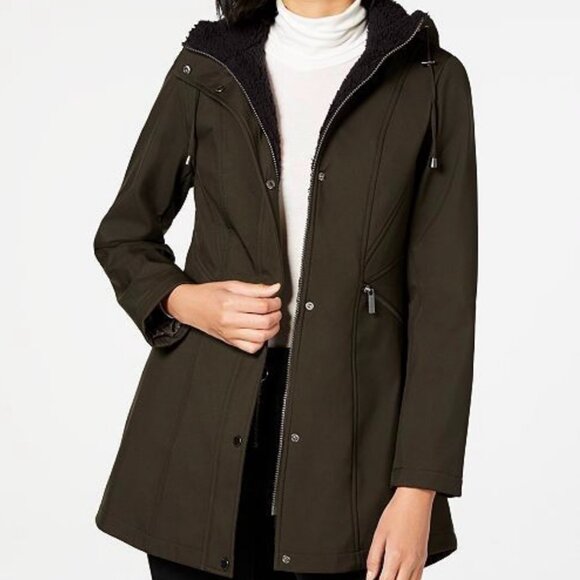 French Connection Jackets & Blazers - French Connection Softshell Sherpa Lined Hooded Coat Dark Olive Women’s 1X